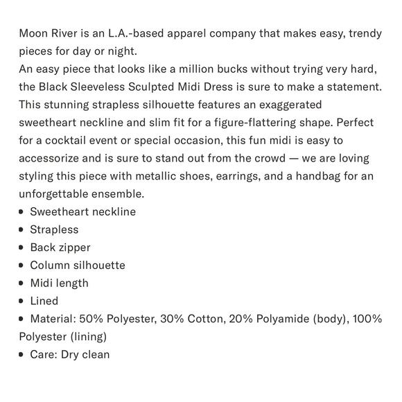 TUCKERNUCK Moon River Black Strapless Sculpted Midi Dress NWT Size Small - Picture 8 of 11